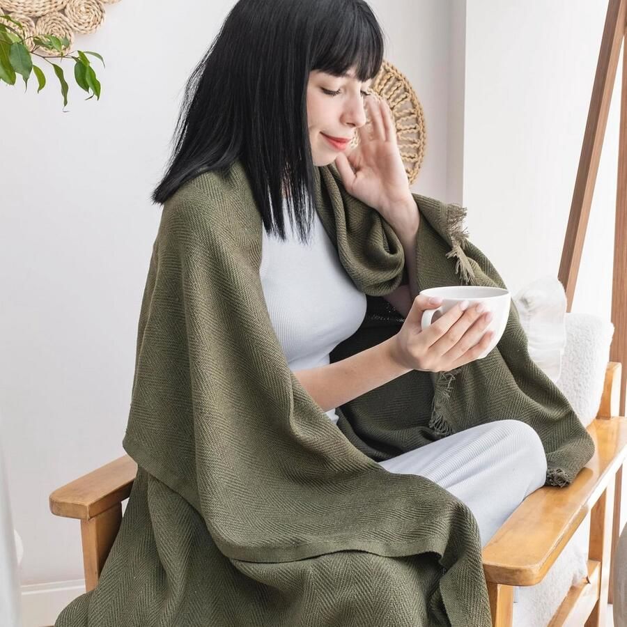 Zachte Katoenen Plaid voor Fauteuils en Banken Eenpersoonsbedsprei in Olijfgroen (170 x 200 cm)