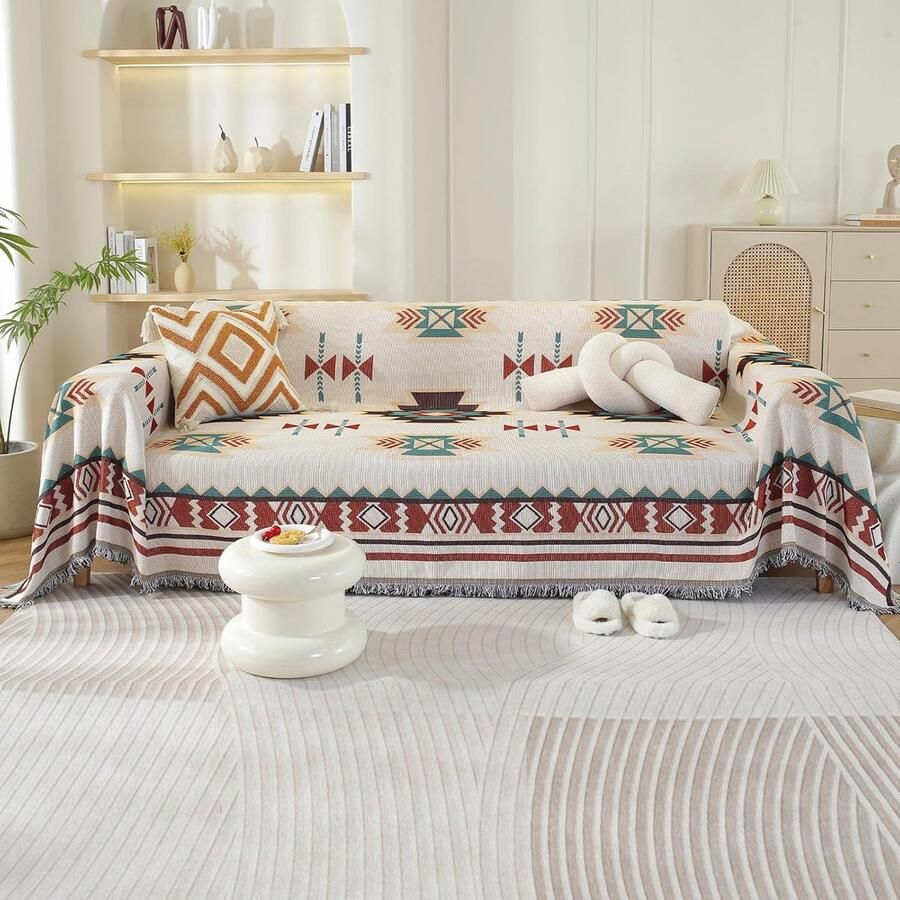 Zachte katoenen sofadeken Wasbare plaids voor banken en fauteuils Multifunctionele deken met geometrische patronen (180 x 230 cm)