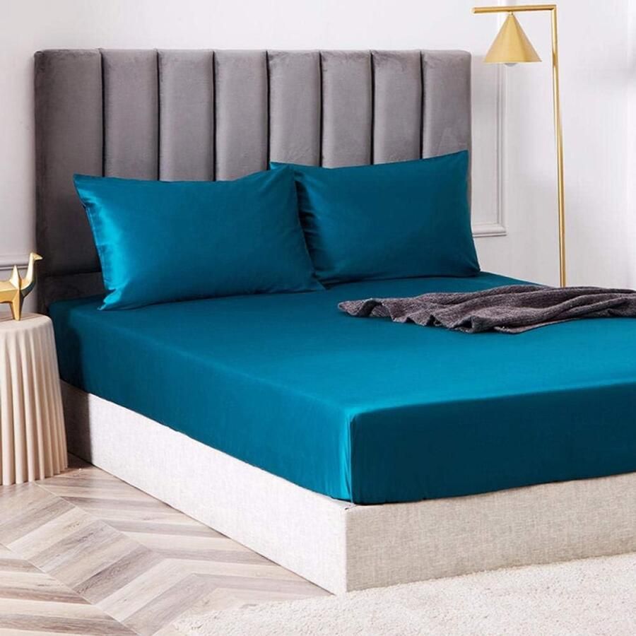 Zachte matrashoes Diepe zak satijnen verkoelende bedhoes Zijdezacht hoeslaken Extra zacht ademend hoeslaken Matrasbeschermer met elastische band Koelend beddengoed Past op eenpersoonsbedden tot tweepersoonsbedden 198x203+36cm Blauw