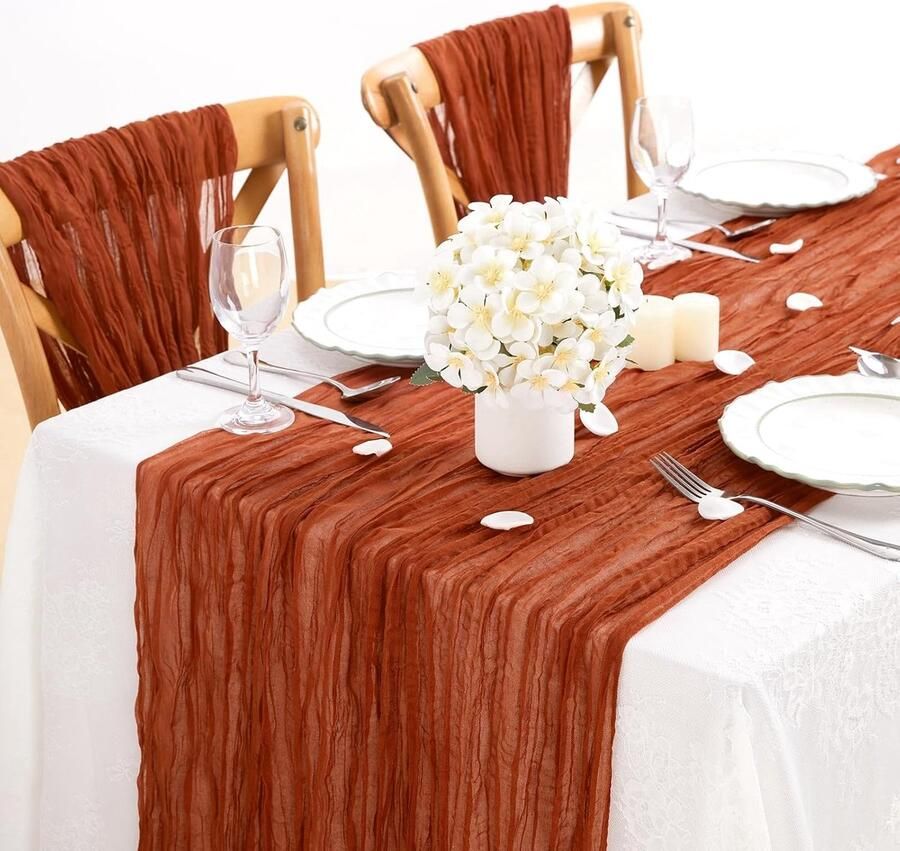 Zachte mousseline tafelloper multifunctioneel set van 2 rood-bruin 90 x 300 cm