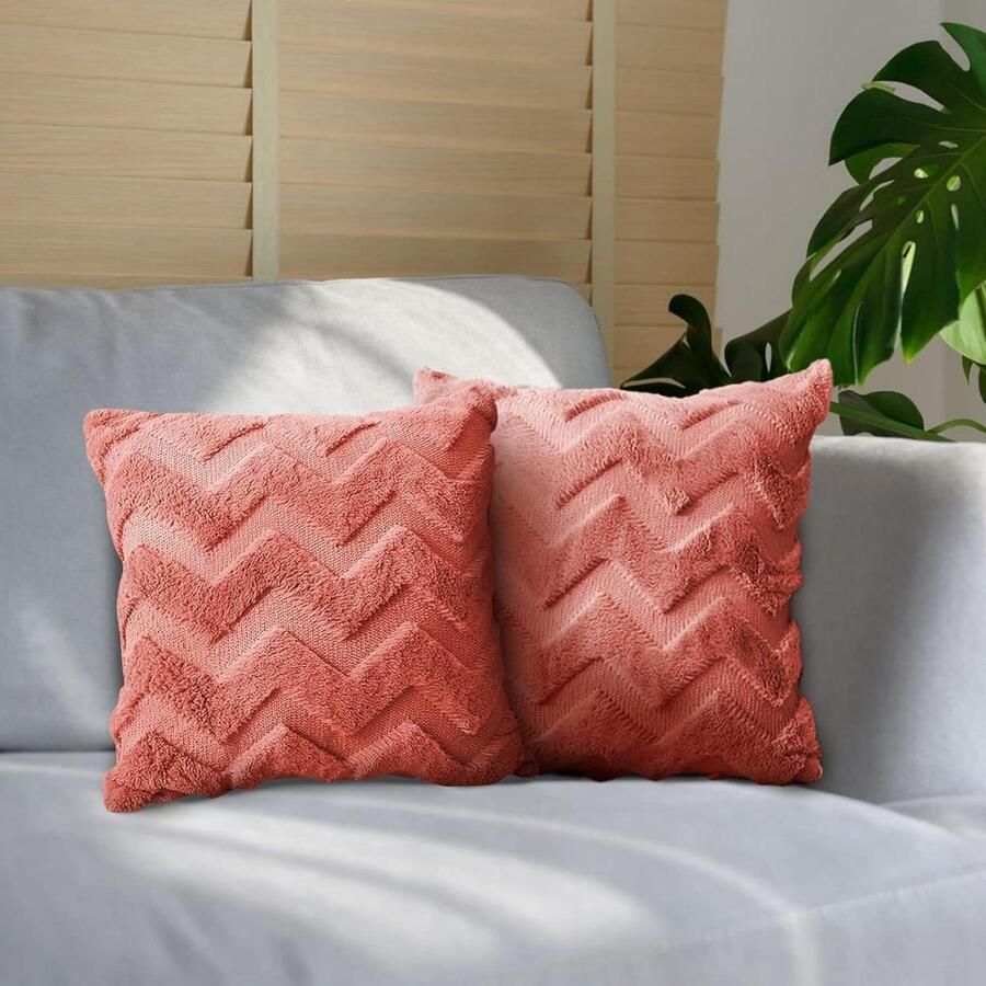 Zachte pluche korte wol 45 x 45 cm fluweel kussensloop decoratie Rood-oranje Set van 2 Onzichtbare ritssluiting Bank slaapkamer