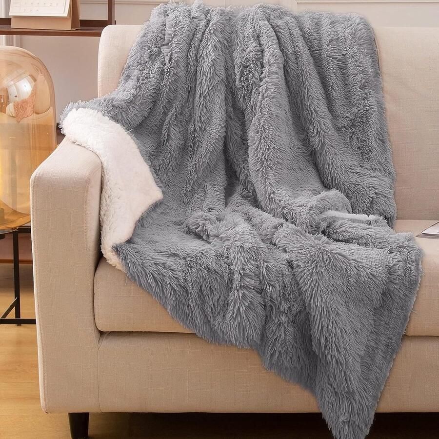 Zachte pluizige deken van imitatiebont met lange pool omkeerbaar warm comfortabel luxueus en pluizig voor bank als cadeau woondecoratie (grijs 127 x 152 -4 cm)