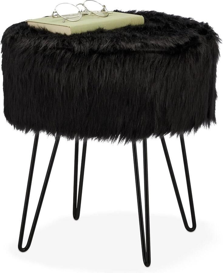Zachte hocker met nepbont en metalen poten H x Ø 41 x 37 cm voetenbank krukje zwart