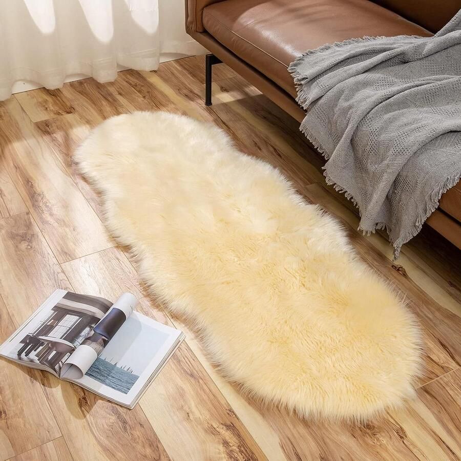 Zachte Shaggy Area Mat Faux Fur Schapenvacht Tapijt Pluizige Mat voor Slaapkamer Sofa Fleece Stoel Cover 60 x 160 cm Beige