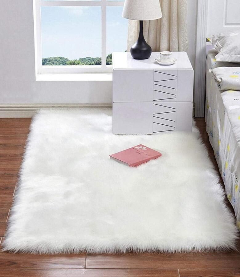 Zachte Shaggy Tapijten Antislip Vloerkleed voor Slaapkamer en Woonkamer Imitatiebont Wit 60 x 90 cm
