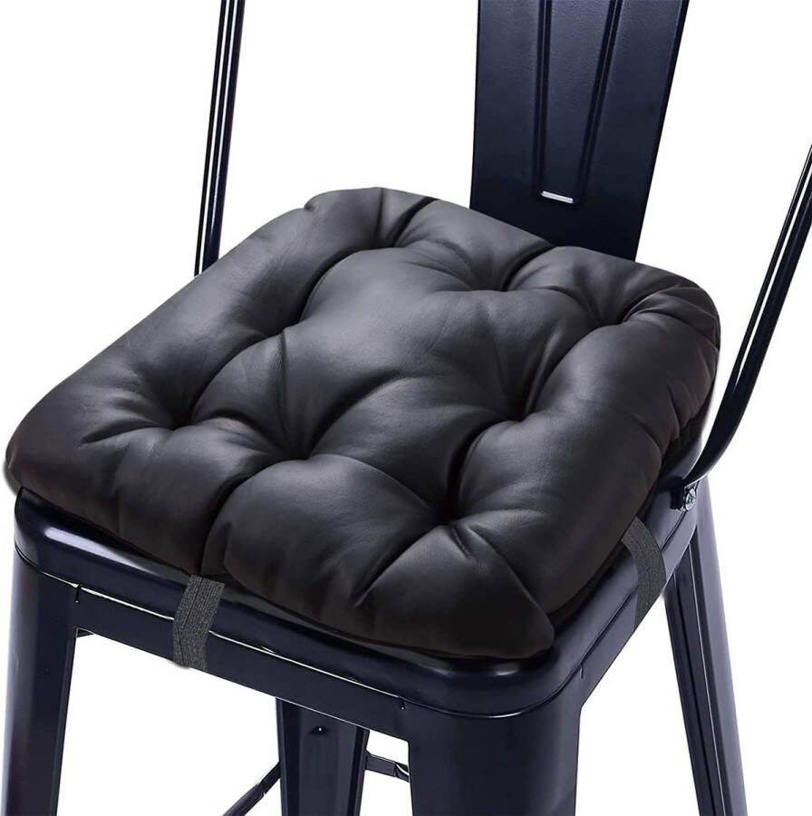 Zachte Stoelkussen 40 x 40 cm Universeel Zitkussen Gemaakt van 100% Katoen PU Leren Zitkussen met Strikjes Stoelhoes voor Autostoel en de meeste stoelen op kantoor in de tuin thuis Zwart