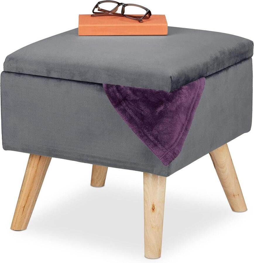 Zachte vierkante hocker met opbergruimte Houten poten Poef woonkamer 40x40x40 cm Donkergrijs