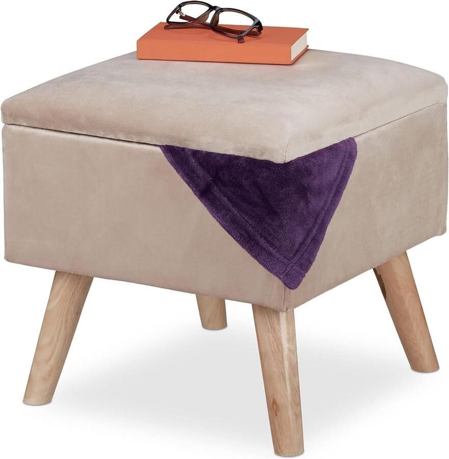 Zachte vierkante hocker opbergruimte houten poten poef woonkamer HBD 40x40x40 cm creme-Kleurige meubelstuk