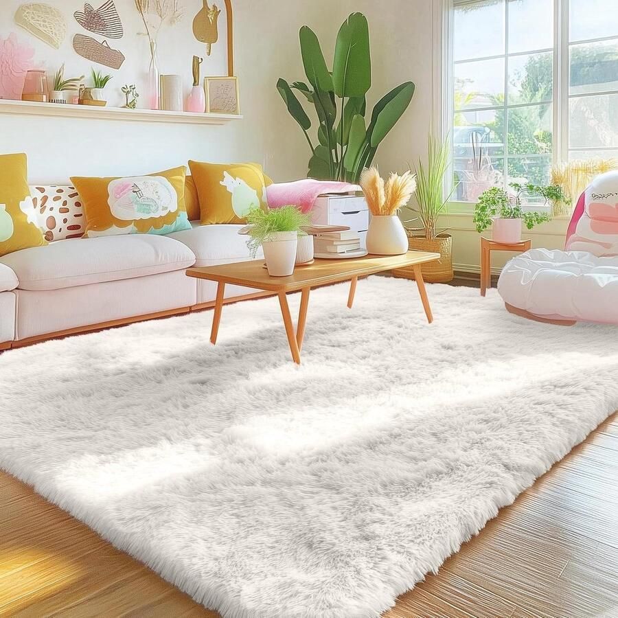 Homaxy Hoogpolig Fluffy Vloerkleed Antislip Onderkant Wasbaar Vloerkleed voor Woonkamer Kinderkamer Slaapkamer 120 x 160 cm Crème - Foto 2