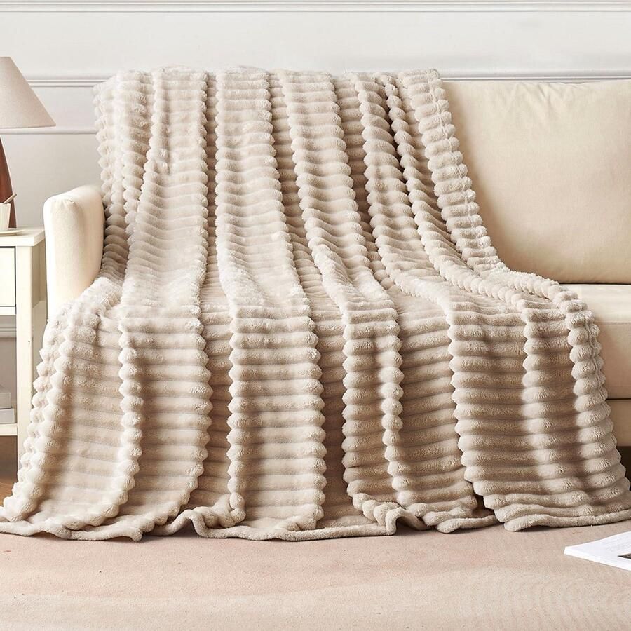 Cosy Fleece Deken Flanel Zachte Warme Comfortabele Plaids Voor Bank Corduroy Pluizige Deken Bed Kussen Voor Slaapkamer Bank Reizen Kinderen Slaapkamer Accessoires 50 X 60 Inch Beige - Foto 3