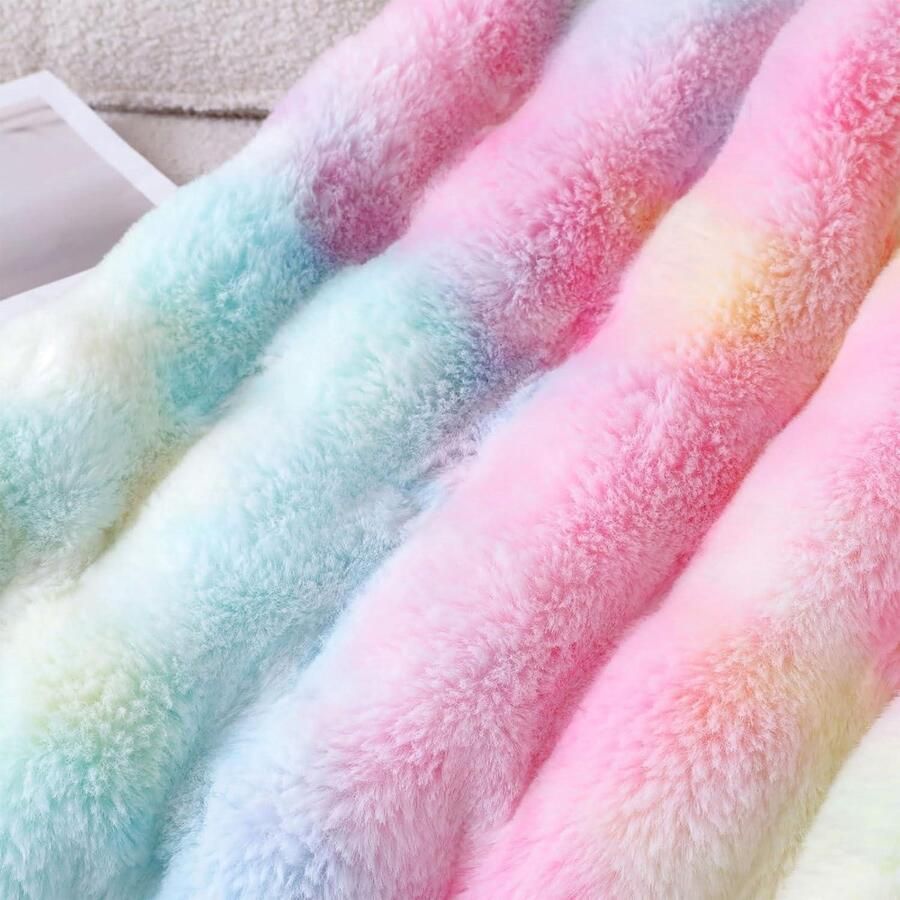 Zachte warme pluche fleecedeken van konijn 1000 g m² dik en pluizig voor bank en slaapkamer regenboogpatroon 130 x 160 cm - Foto 2