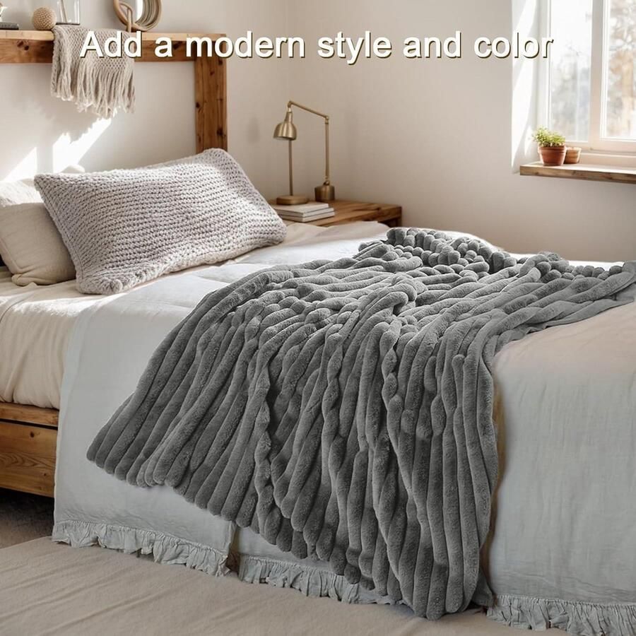 Zachte warme pluche fleecedeken omkeerbare plaid grote pluizige deken konijn lichtgewicht 540 g m² slaapkamer bank reizen kinderen camping donkergrijs 130 x