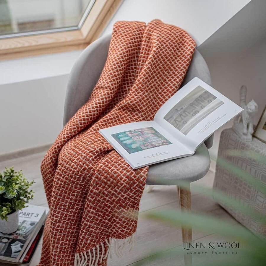Zachte Warme Wollen Deken Sofia 100% Nieuw-Zeelandse Wol Terracotta Oranje Rood (130 x 170 cm) Plaid Gooi Sprei Bank Bed Slaapbank Woonkamer Bankdeken Winterdeken