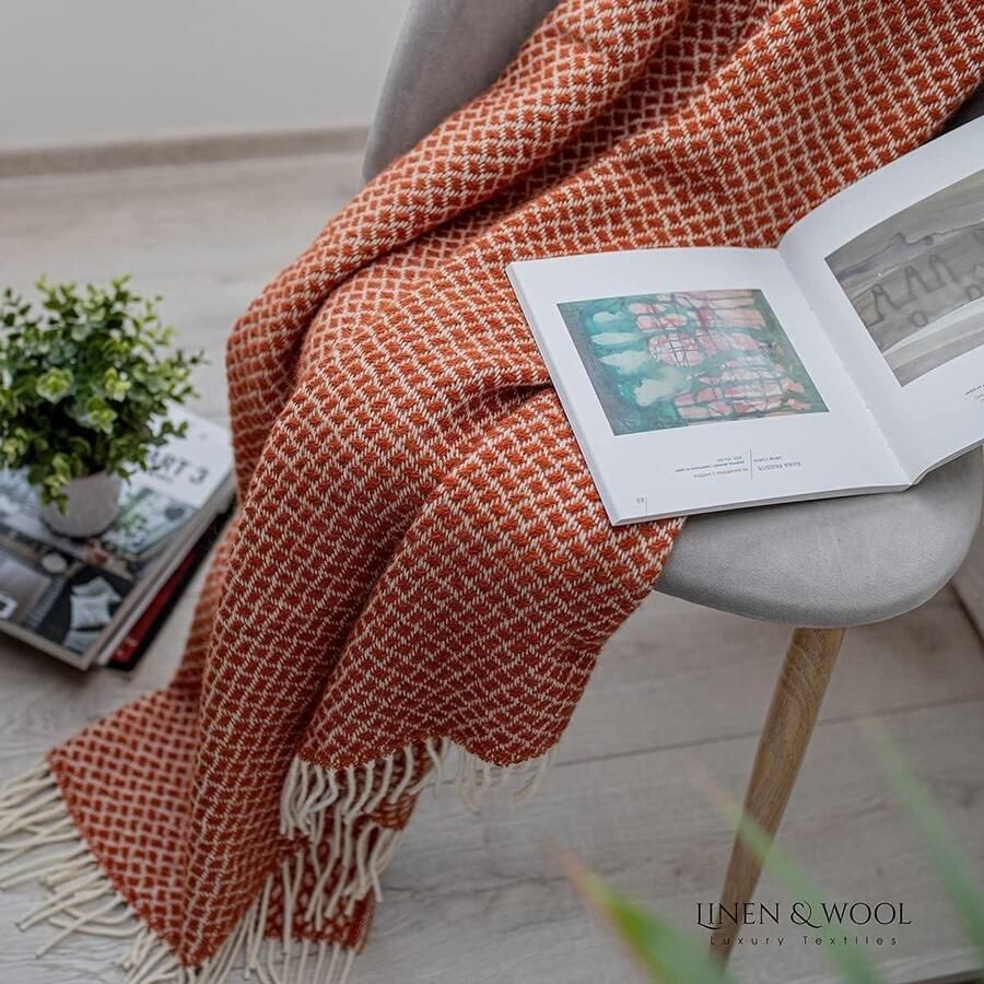 Zachte Warme Wollen Deken Sofia 100% Nieuw-Zeelandse Wol Terracotta Oranje Rood (130 x 170 cm) Plaid Gooi Sprei Bank Bed Slaapbank Woonkamer Bankdeken Winterdeken