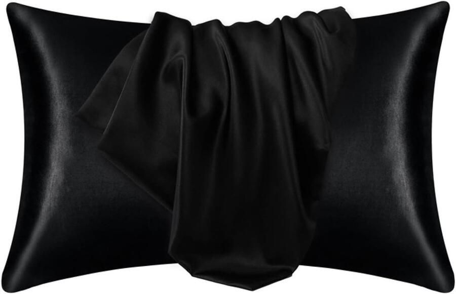 Zachte zuivere satijnen zijden kussensloop 2-delige set effen imitatie zijden kussensloop envelop kussen bed kussensloop rechthoekige kussensloop bedvoering veelkleurig geschikt voor haarverzorging home series 51x76cm Zwart - Foto 2