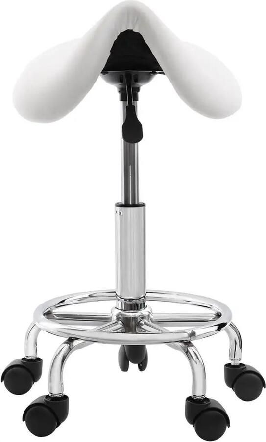 Zadelkruk op wielen Wieltjes Verstelbaar Zachte zitting Spa Tattoo Massage Kapper Olie en waterbestendig Hoogte 51 65cm 360° rotatie Tot 150KG Wit