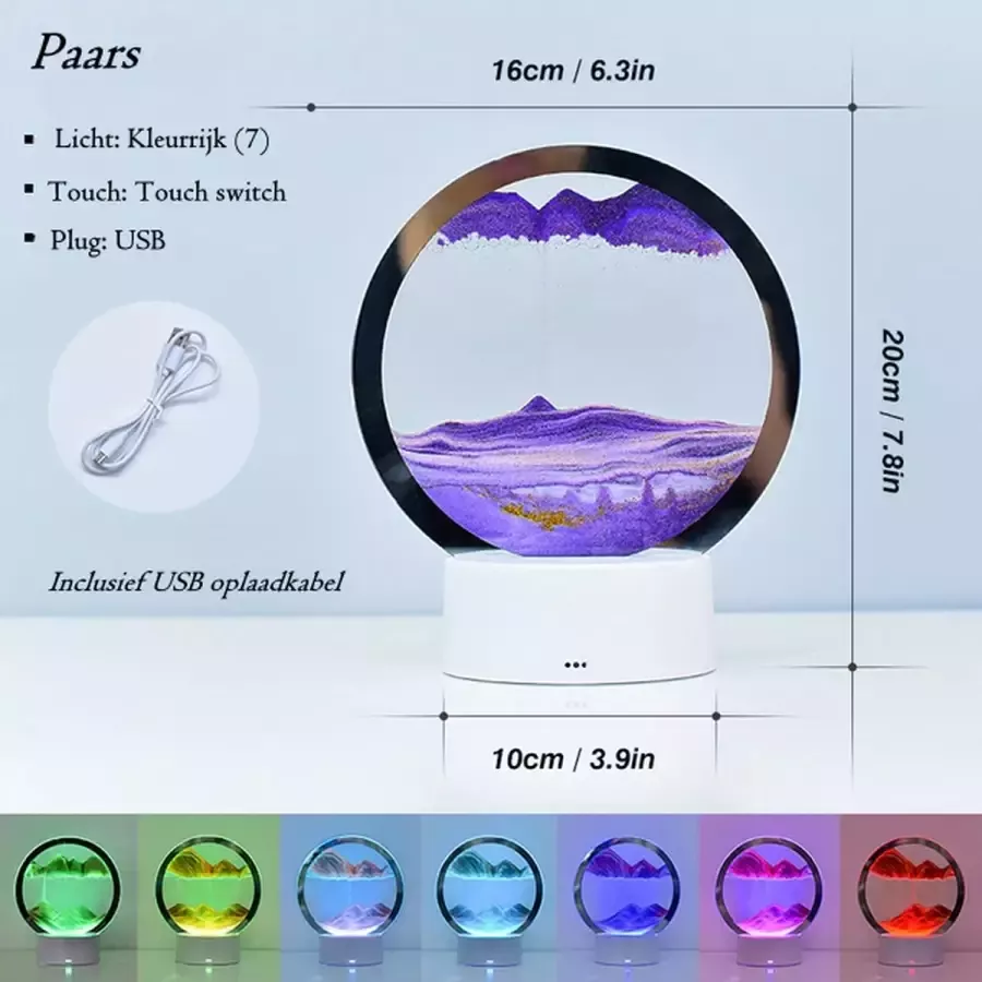 Zandkunst – Sand art – Bewegende – Bewegend – In glas – Lamp 7 Kleurmodes Touchswitch