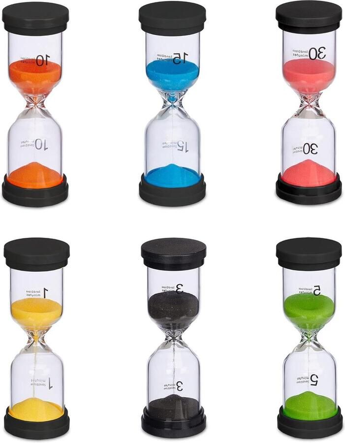 Zandloper set van 6 timers 1 3 5 10 15 30 min 16 x 55 cm Tandenpoetstimers kinderen Kleurrijk