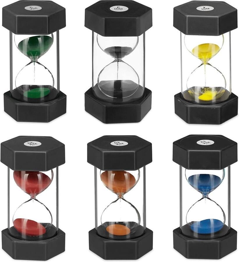 Zandloper set XXL 6 verschillende tijden 1 3 5 10 15 & 30 min breukvast voor school & meer kleurrijk