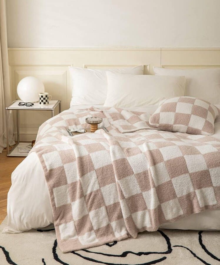 ZASTION Ultra Soft Gezellig Buffalo Checkerboard Grid Fluffy Microvezel Gebreide Gooi Deken Lichtgewicht Fleece Geruit Deken voor Sofa Bank Bed Reizen Cream 130 x 150 cm