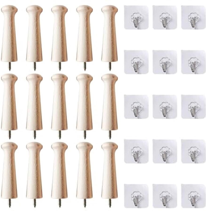 ZBHDEYG 15 houten haken 15 zelfklevende haken houten kapstokhaken vaste muurhaken wandkapstok houten muurhaken om op te hangen