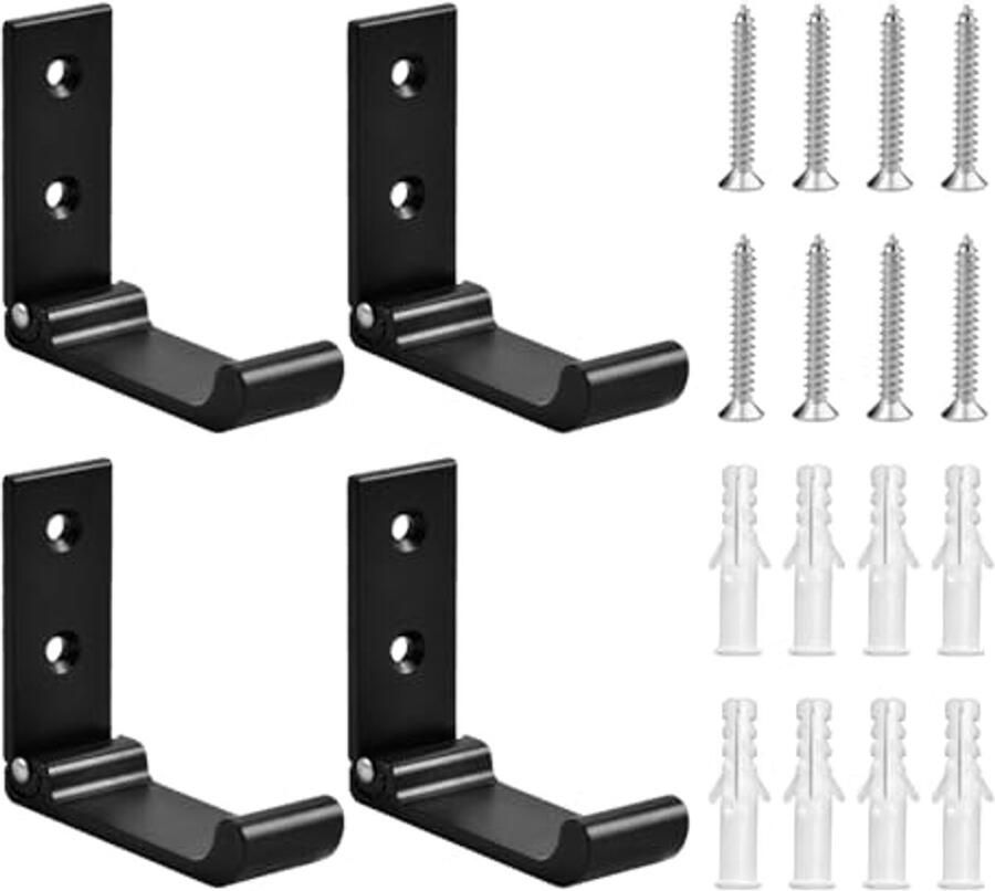 ZBHDEYG 4 stuks zwarte kapstokken met expansieschroeven Opvouwbare kapstokken achter de deur Kapstokken Wandgemonteerde metalen haken Huishoudelijke zware enkele haken
