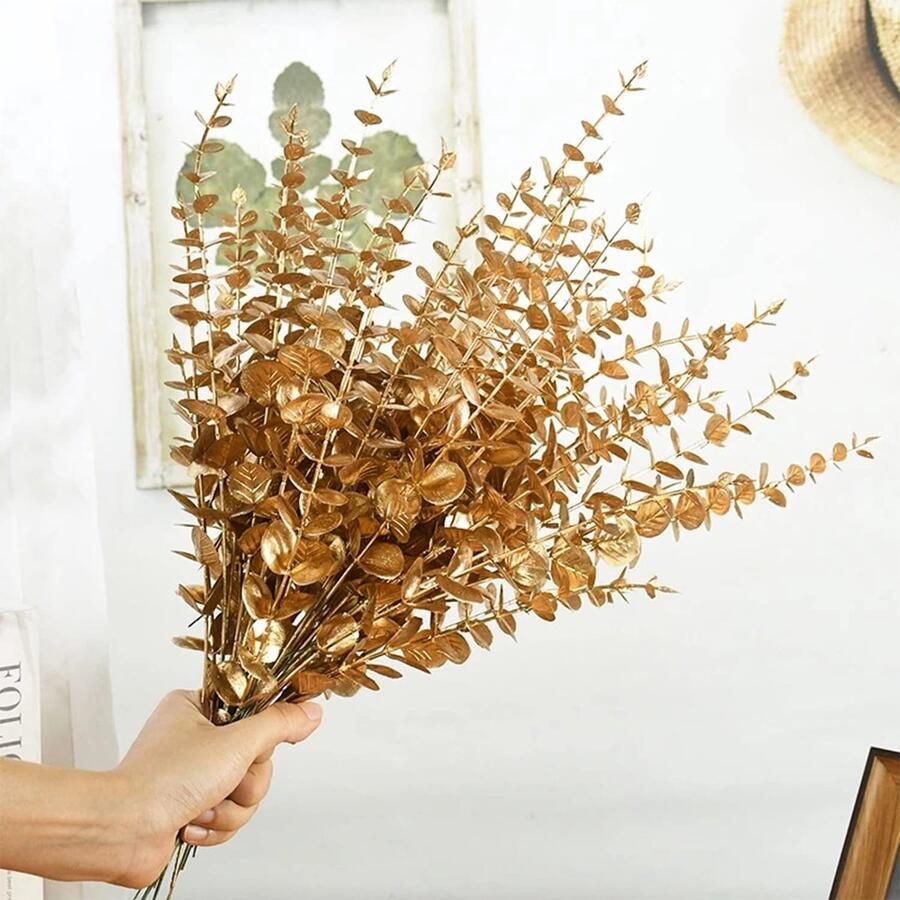 ZDNT 12 stuks kunstmatige eucalyptus plant planten eucalyptus bladeren decoratie gouden eucalyptus planten bladeren decoratie eucalyptus voor bruiloft feest huis tuin kantoor tafel bloemen vazen decoratie