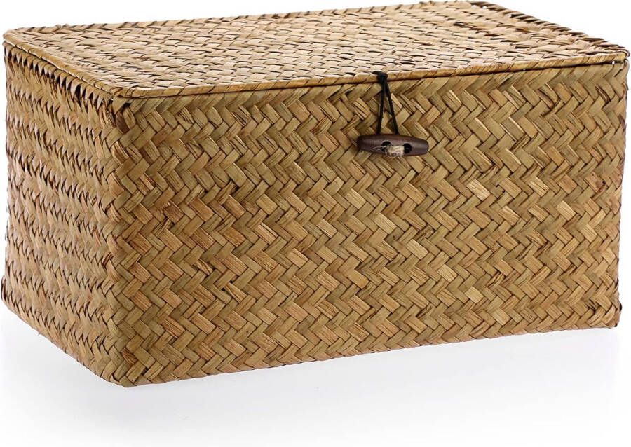 Zeegras opbergmand met deksel geweven zeegras bureaumand rechthoekige badkamer opbergdoos planken en bureaus multifunctionele opbergmand (karamel M)