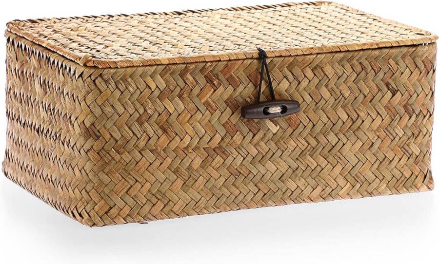 Zeegras opbergmand met deksel geweven zeegras bureaumand rechthoekige badkamer opbergdoos planken en bureaus multifunctionele opbergmand (karamel S)