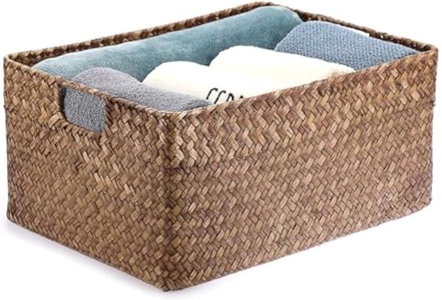 Zeegras Opslag Geopende Mand Woonkamer Decoratieve Manden Geweven Rieten Handdoek Mand Rechthoekige Badkamer Opslag Organizer Box Planken & Bureaus Multifunctionele Opbergmand XL