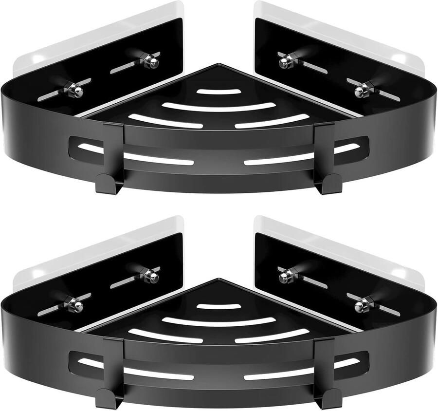 Zelfklevende Aluminium Hoekdoucheplank zonder Boren Met Handige Haken en Opbergrek voor Badkamer Keuken of Woonkamer in Zwart