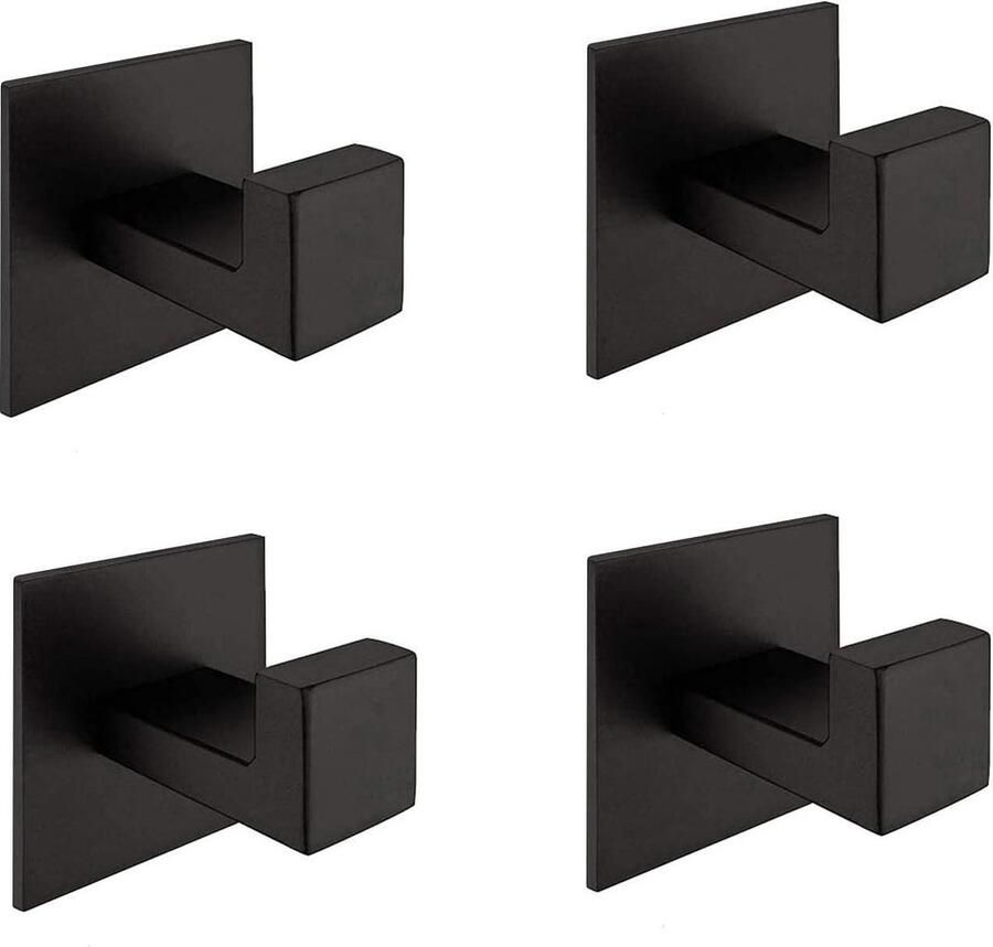 Zelfklevende badkamer vierkante handdoekhaak mat zwarte afwerking jas hoed deurhaak hanger badkamer accessoires geen schroef behoefte roestvrij staal 304 (zwart 4 stuks)
