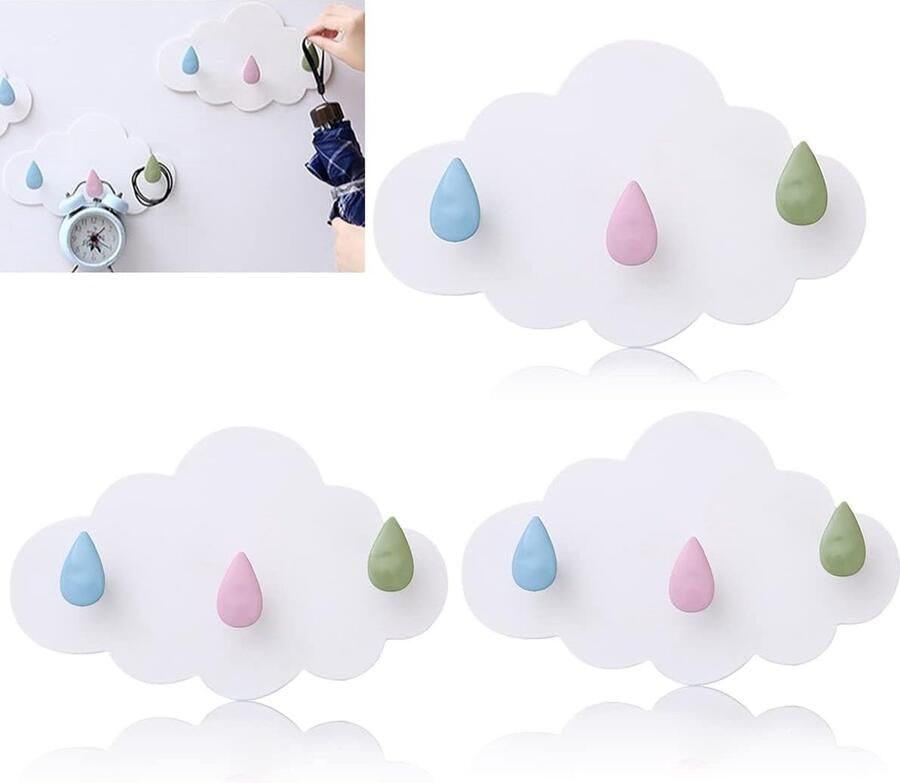 Zelfklevende Haken Wit Forreen 3 Stuks Zelfklevende Wandhaken Heavy Duty Plastic Cartoon Cloud Sticky Hanger Multifunctioneel Kapstokhaak voor Kinderkamer Slaapkamer Badkamer Keukenkast