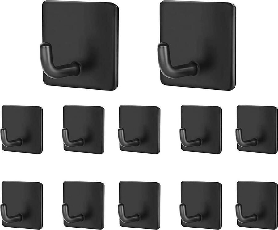 Zelfklevende Handdoekhaken 12 stuks Roestvrij Staal Wandhaken Keukenhaken Kledinghaken Deurhaken Ideaal Voor Badkamer Toilet Zwart Set van 12