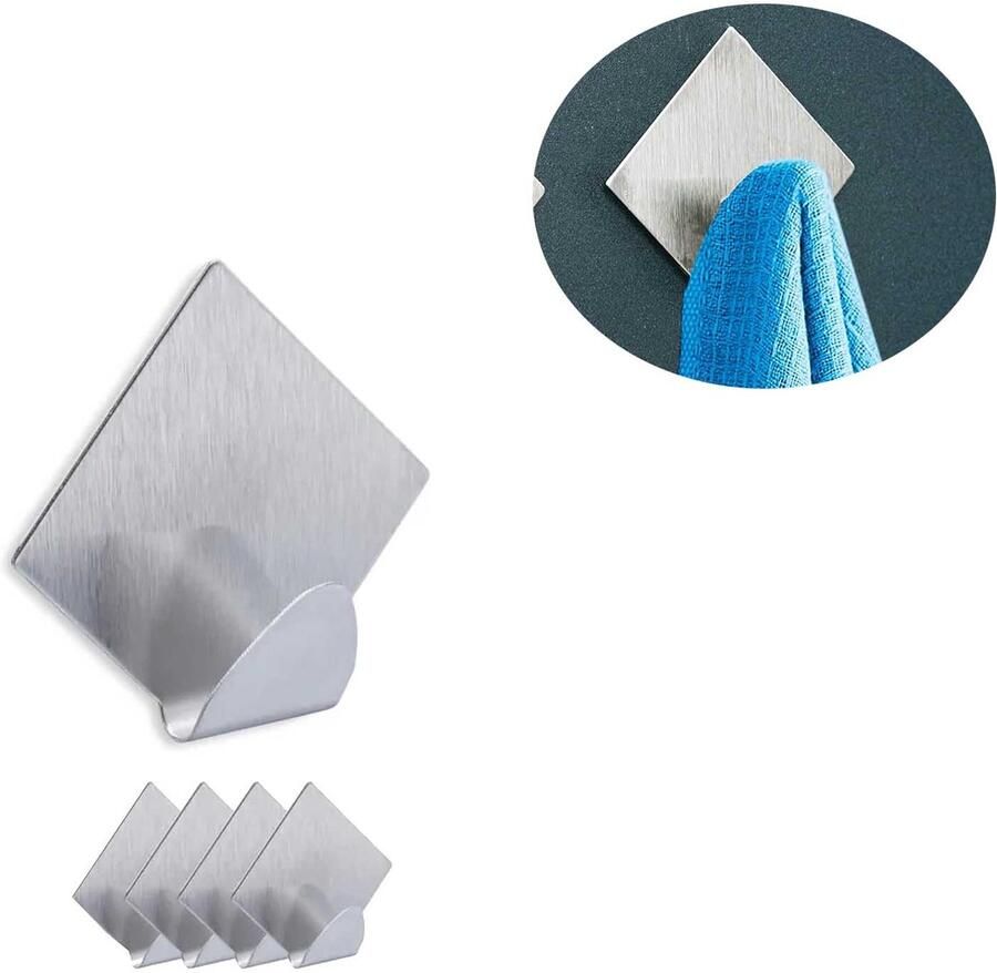 Zelfklevende handdoekhaken 4 stuks 3 5 x 3 5 x 0 7 cm zelfklevende haak handdoekklem fotoklem kapstokhaak keukenhaak roestvrij staal zilverkleurig handig- praktisch en duurzaam
