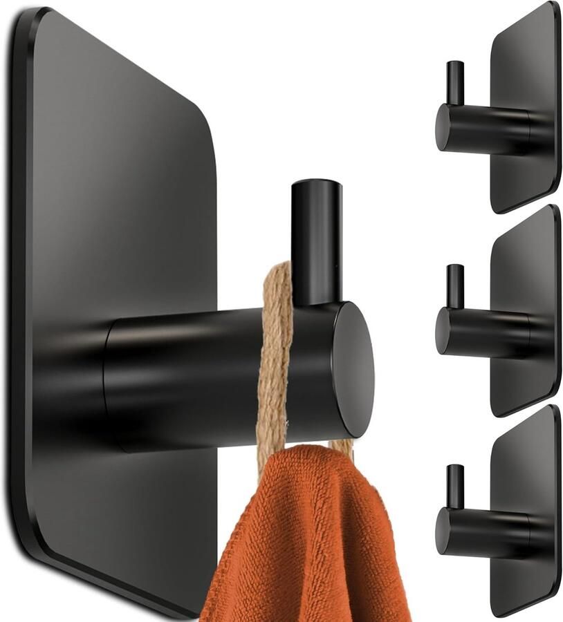 Zelfklevende Handdoekhaken zonder Boren Set van 4 in Zwart Roestvrij en Waterbestendig voor Badkamer en Keuken