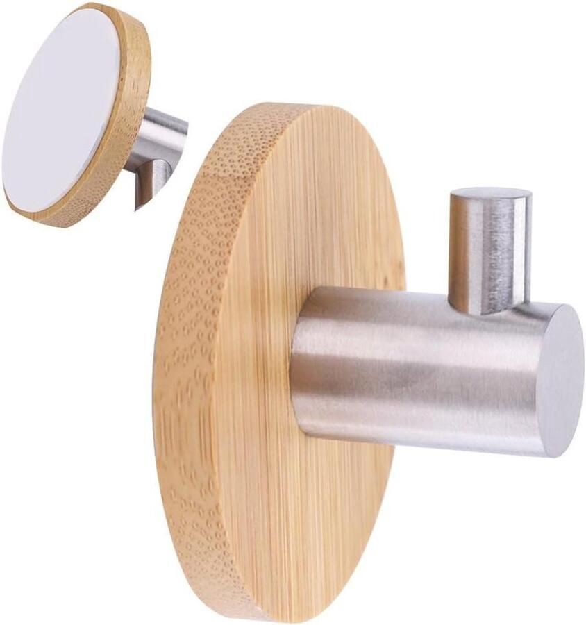 Zelfklevende Houten Kapstok Haak Roestvrij Staal Handdoek Ophanghaak Organizer voor Thuis Keuken Badkamer (enkele haak)