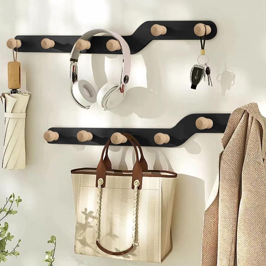 Zelfklevende Houten Kapstokhaken Set van 2 Voor Deur en Wand Zwart