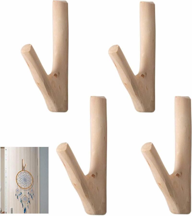Zelfklevende houten wandhaken set van 4 kapstok voor hoed sjaal sleutel 145 cm