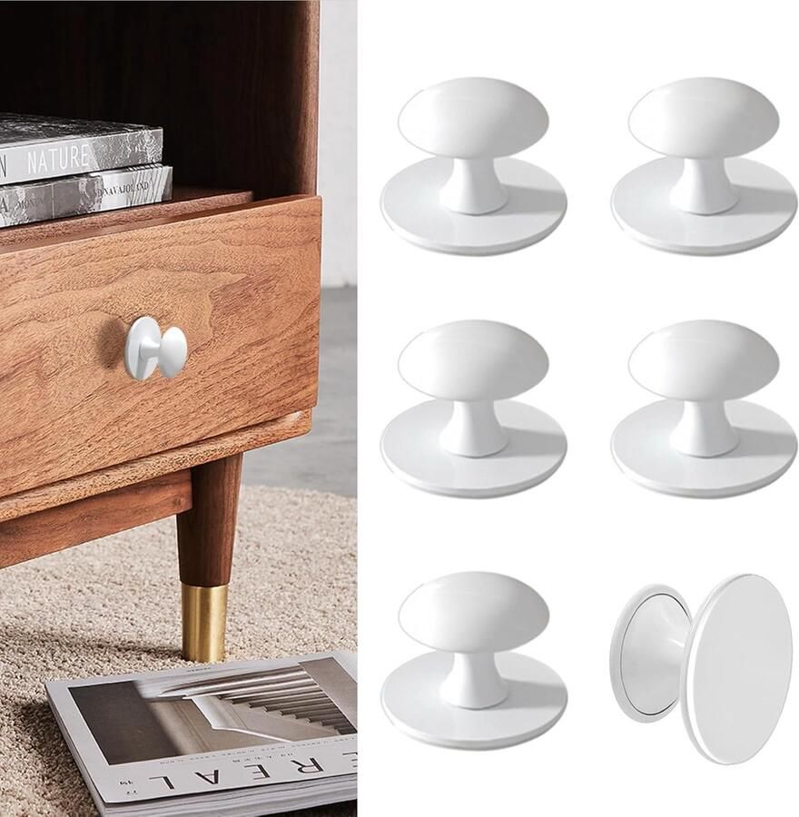 Zelfklevende kastknoppen makkelijk te plakken 6 stuks wit roestvrij staal