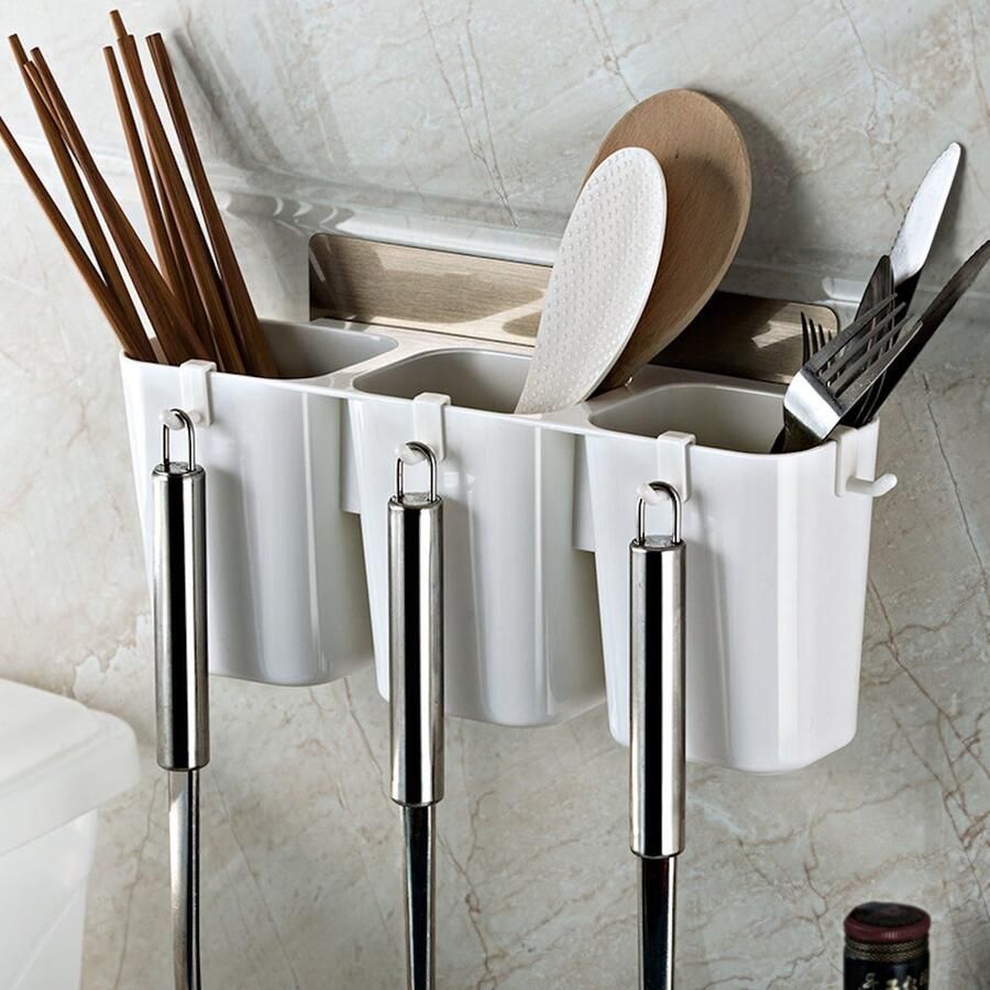 Decopatent Zelfklevende keuken wandrek voor bestek & keukengerei Hangend keukenrek hangend 3 opbergbakken en 4 ophang haken