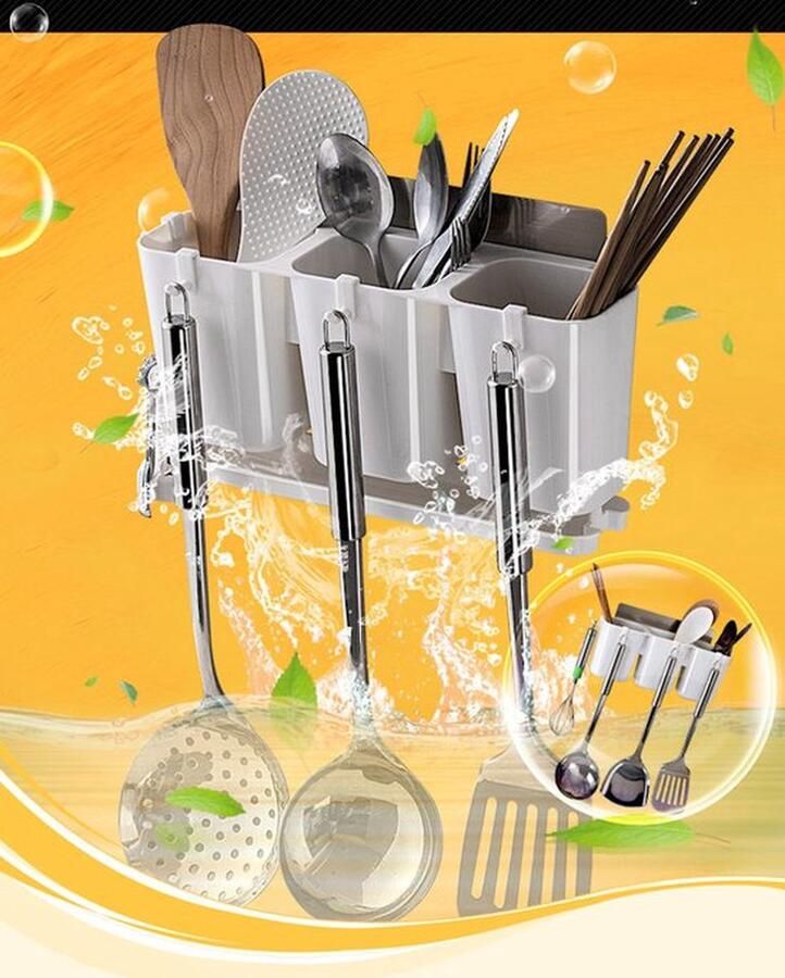 Decopatent Zelfklevende keuken wandrek voor bestek & keukengerei Hangend keukenrek hangend 3 opbergbakken en 4 ophang haken - Foto 3