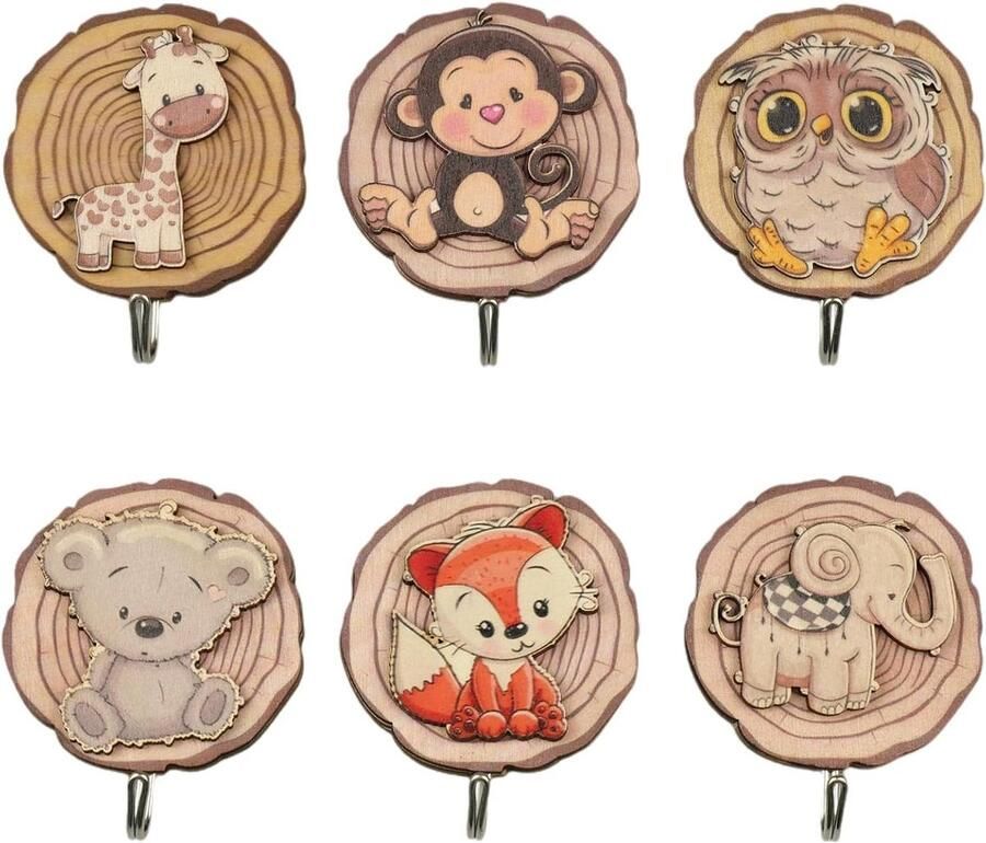 Zelfklevende kindergarderobe kledinghaken van hout in dierenvorm Set van 6 Voor kinderen Zonder boren Wanddecoratie