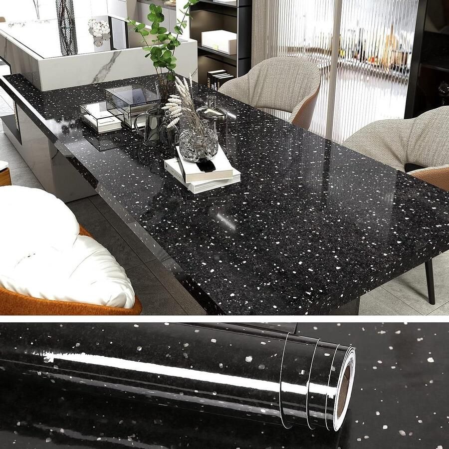 Zelfklevende meubelstickers marmerlook zwart sneeuwenpatroon pvc plakfolie 40 x 300 cm waterdichte muursticker keukenwerkblad vensterbank tafel