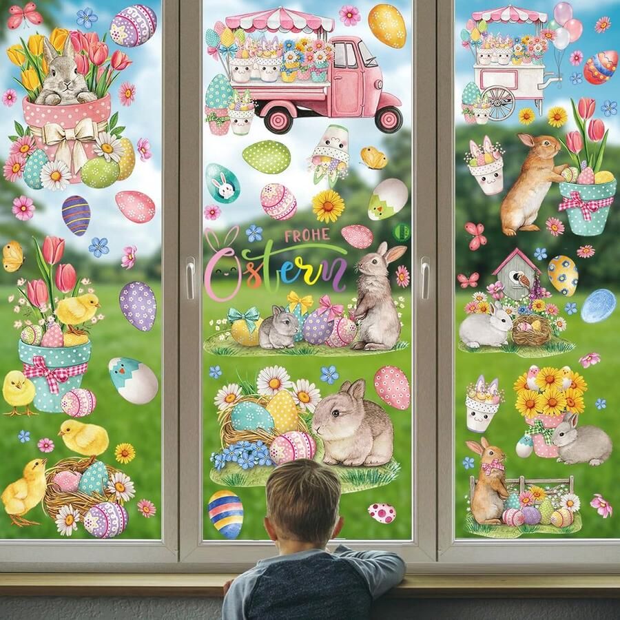 Zelfklevende Paasraamstickers 9 Vellen Herbruikbare Decoratie met Hazen Paaseieren en Kuikens voor Kinderkamer