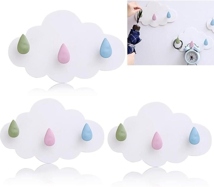Zelfklevende Wandhaken Set van 3 stuks Heavy Duty Plastic Haken Wit Multifunctionele Kapstokhaak voor Kinderkamer en Badkamer Cartoon Cloud Design