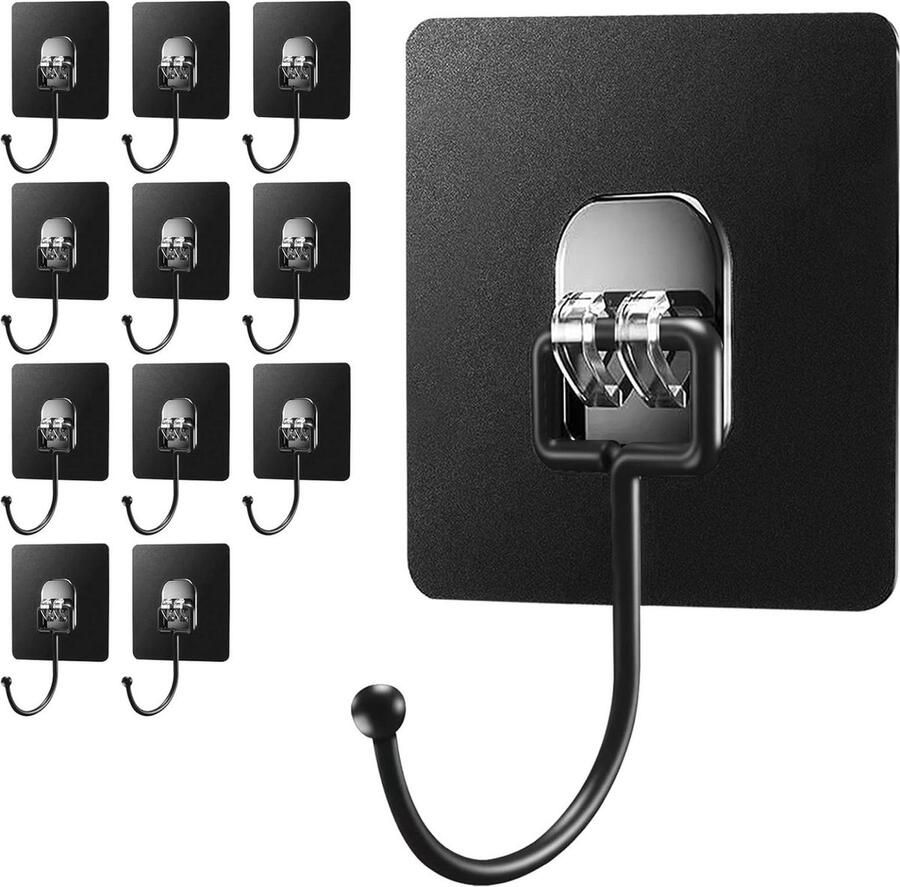 Zelfklevende wandhaken wandkapstok 12 stuks geen boren 5 kg keuken badkamer waterdicht roestvrij zwart