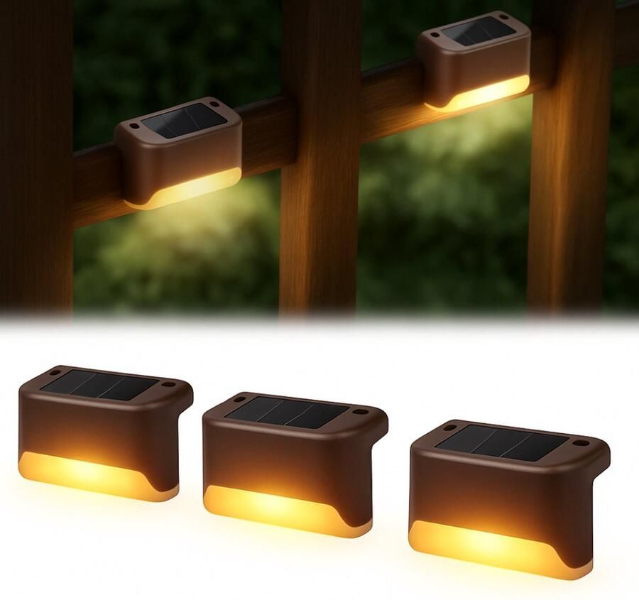 Zelfklevende Zonnelampen Buitenverlichting Solar Zelfklevend Zonne Energie Buitenverlichting Solar Tuinverlichting Hanglamp Buiten Muurverlichting Padverlichting Ambiance Verlichting Buiten Trap 4 STUKS Warm Licht Bruin