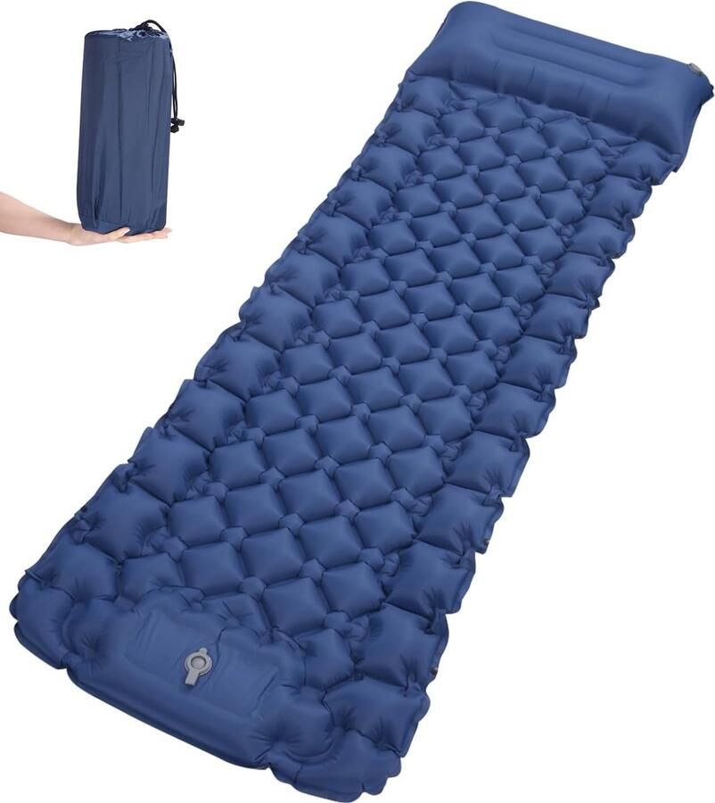Zelfopblazend hoog campingluchtmatras met geïntegreerd hoofdkussen outdoor campingmat slaapmat kleine verpakkingsmaat met voetpomp luchtcelmat opblaasbaar blauw