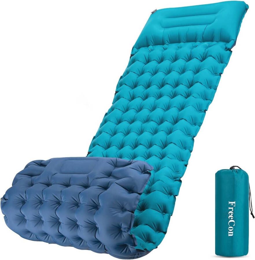 Zelfopblazend slaapmatje opblaasbaar matras lichtgewicht slaapmatje eenpersoons luchtbed met kussen voor volwassenen backpacken wandelen vloer strand (blauw + turkoois 10 cm)